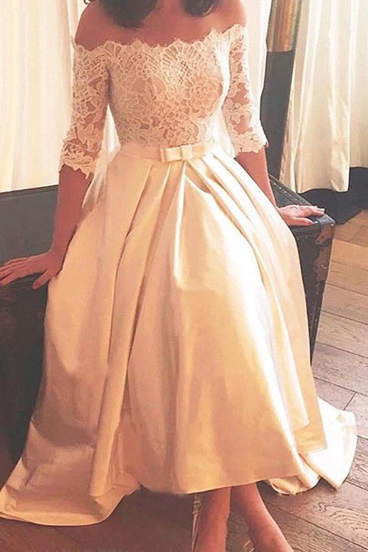 1/2 Sleeves Lace A Line Asymmetrical Sweep Train Satin Off the Shoulder Wedding Dresses - Image 2