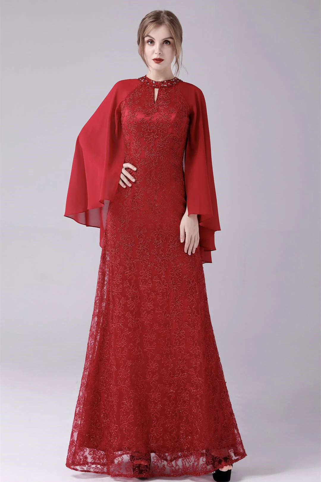 A-Line ankle-length high collar beaded mother's dress - Image 4