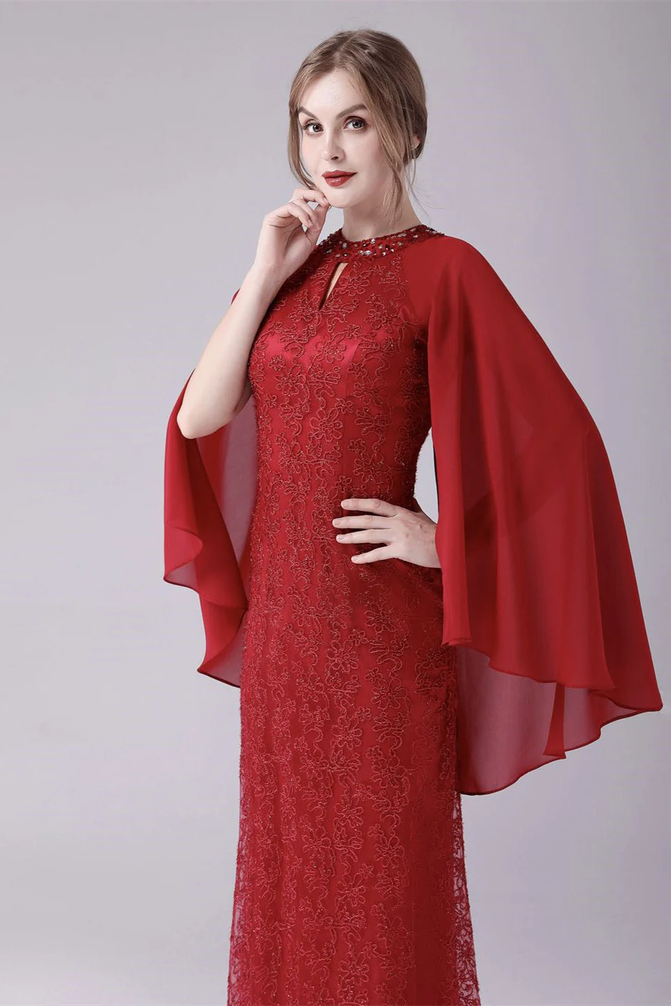 A-Line ankle-length high collar beaded mother's dress - Image 6