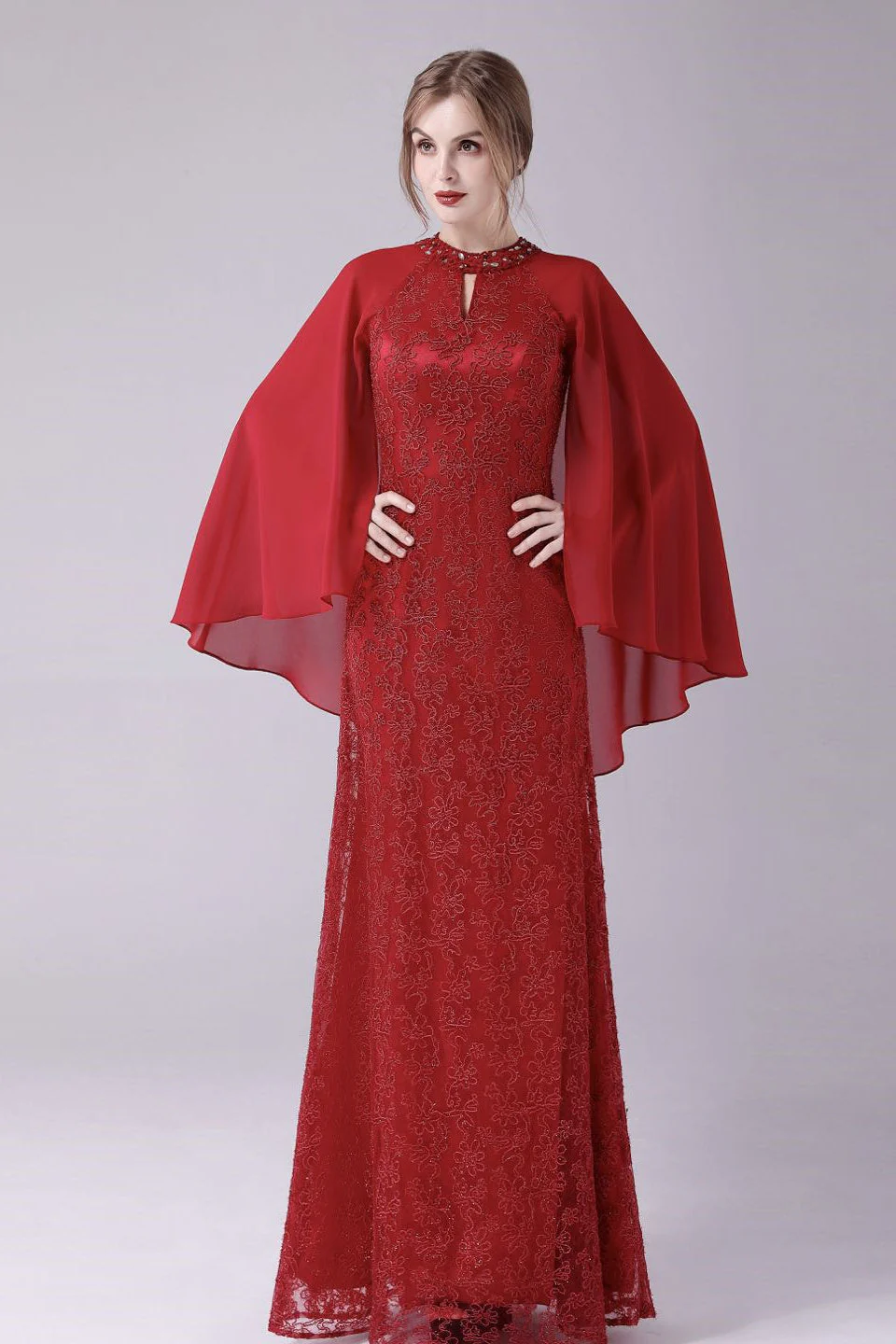 A-Line ankle-length high collar beaded mother's dress - Image 8