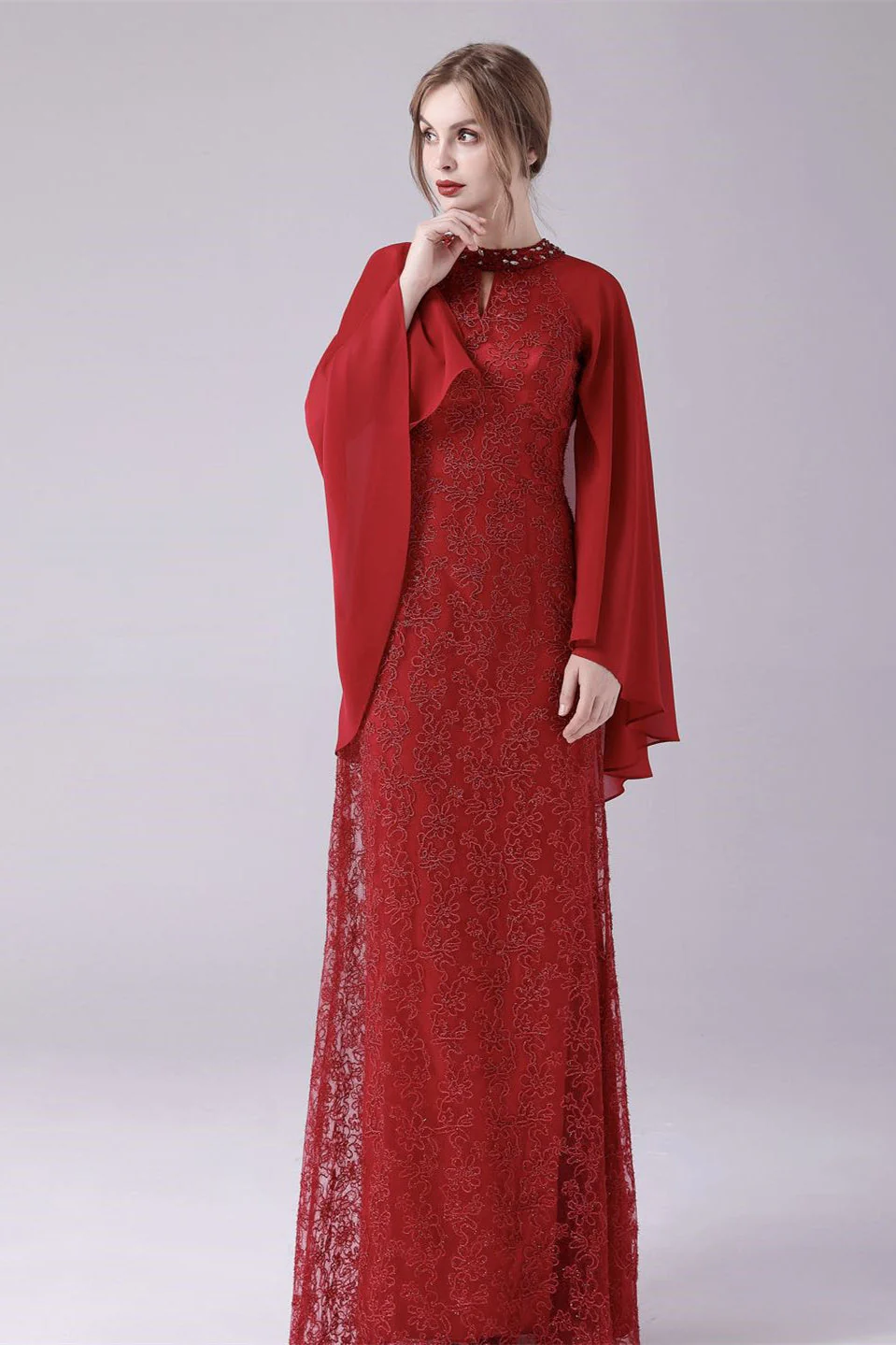 A-Line ankle-length high collar beaded mother's dress - Image 9