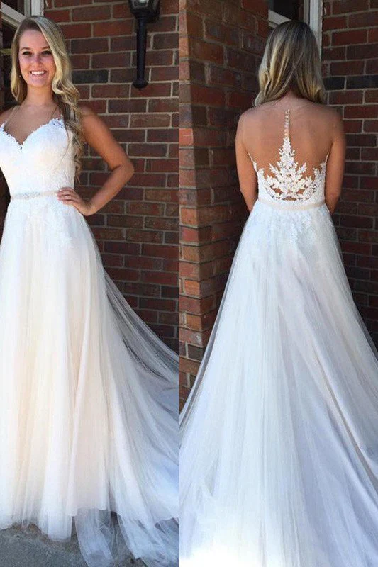 A Line Applique Court Train Sleeveless Tulle Scoop Wedding Dresses - Image 2