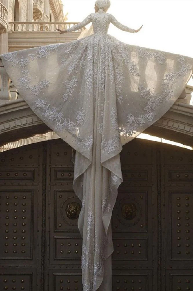 A line Ball Gown Sequins Long Sleeves Highneck Wedding Gown - Image 2