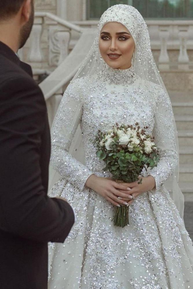 A line Ball Gown Sequins Long Sleeves Highneck Wedding Gown - Image 3