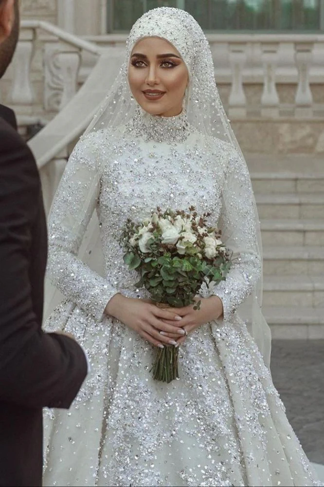 A line Ball Gown Sequins Long Sleeves Highneck Wedding Gown - Image 4