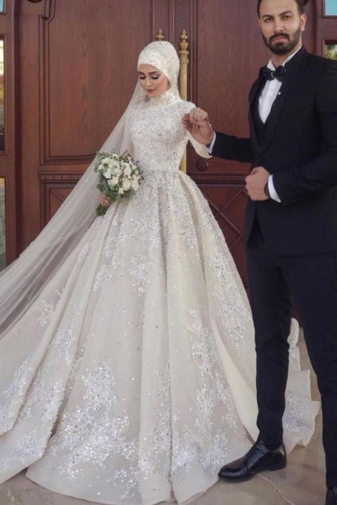 A line Ball Gown Sequins Long Sleeves Highneck Wedding Gown - Image 5