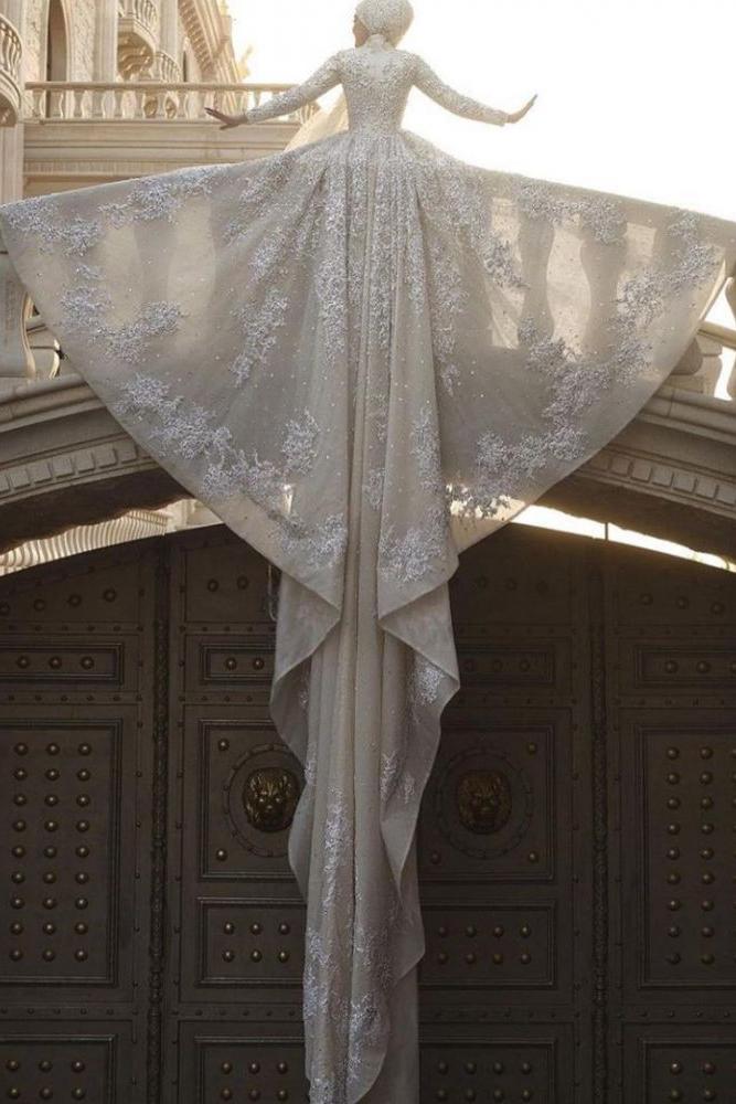 A line Ball Gown Sequins Long Sleeves Highneck Wedding Gown - Image 6