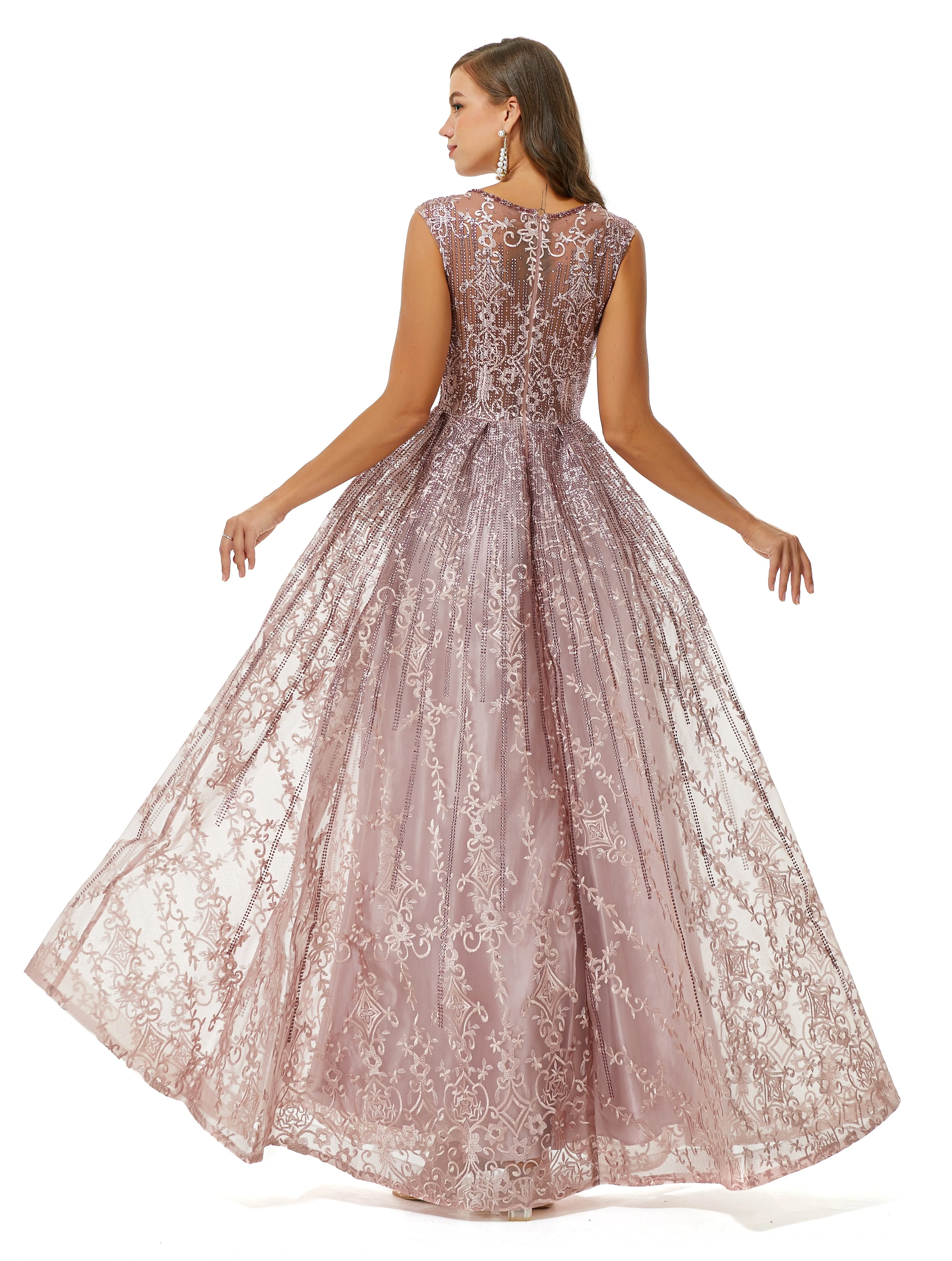 A-line Beaded Jewel Appliques Lace Floor-length cap sleeve Prom Dress - Image 2