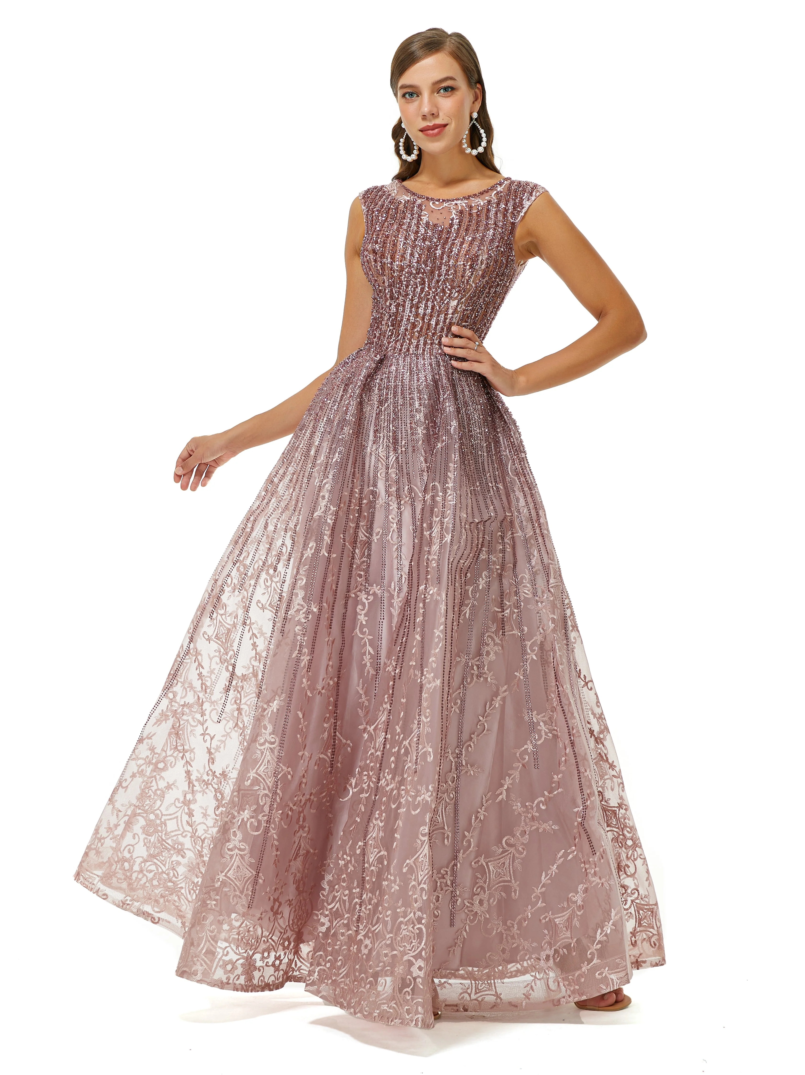 A-line Beaded Jewel Appliques Lace Floor-length cap sleeve Prom Dress - Image 3