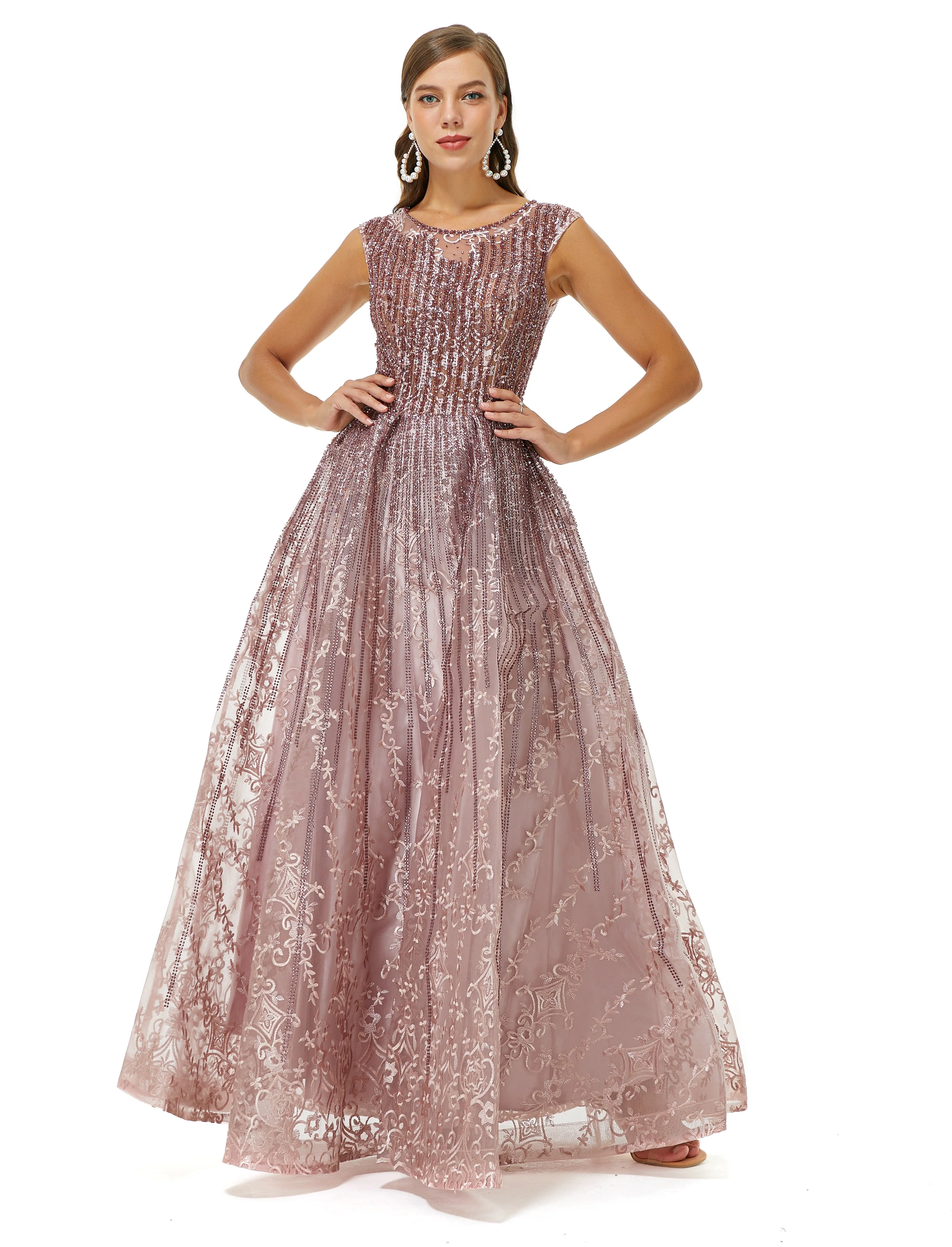 A-line Beaded Jewel Appliques Lace Floor-length cap sleeve Prom Dress - Image 4