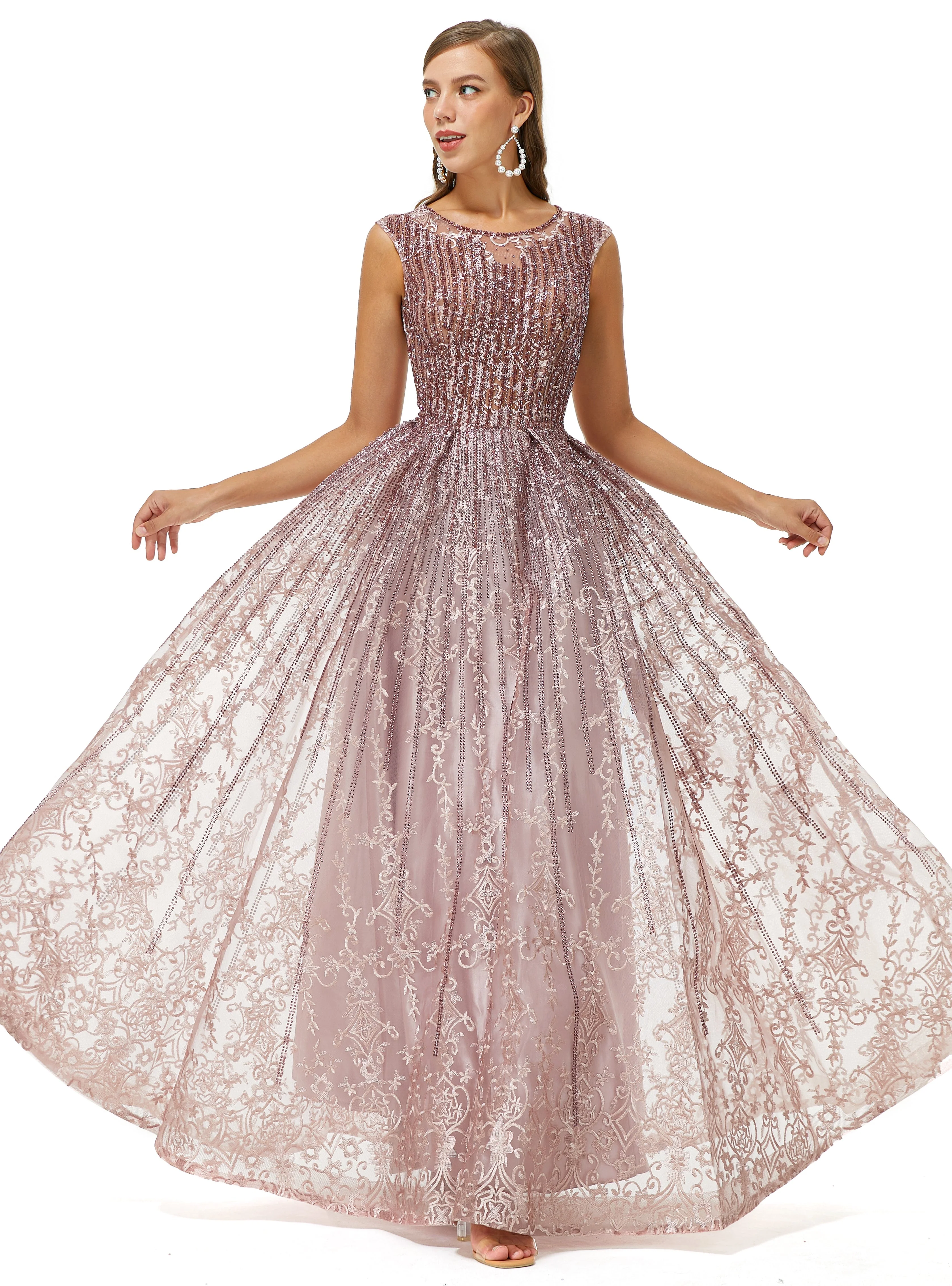 A-line Beaded Jewel Appliques Lace Floor-length cap sleeve Prom Dress - Image 5