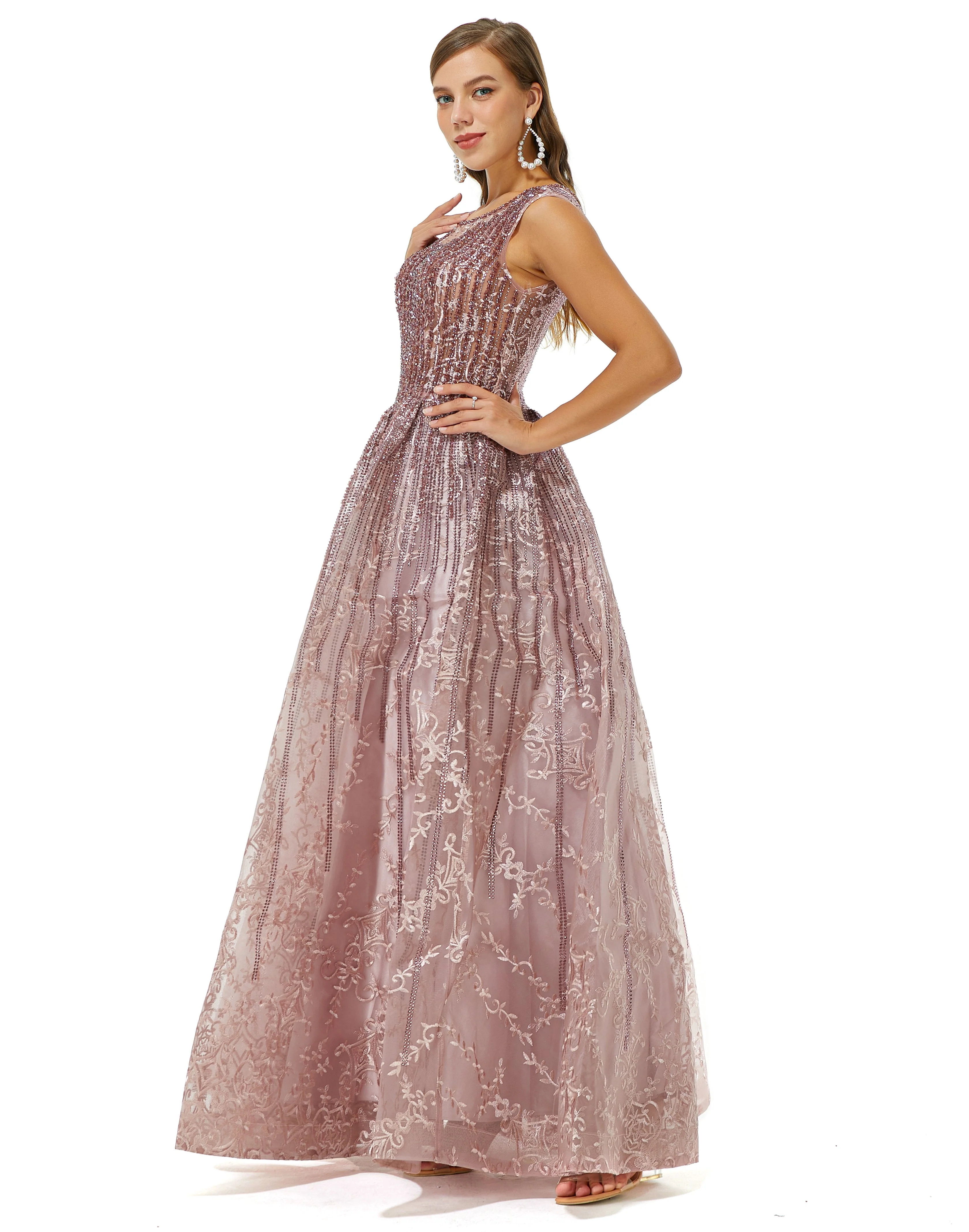 A-line Beaded Jewel Appliques Lace Floor-length cap sleeve Prom Dress - Image 6