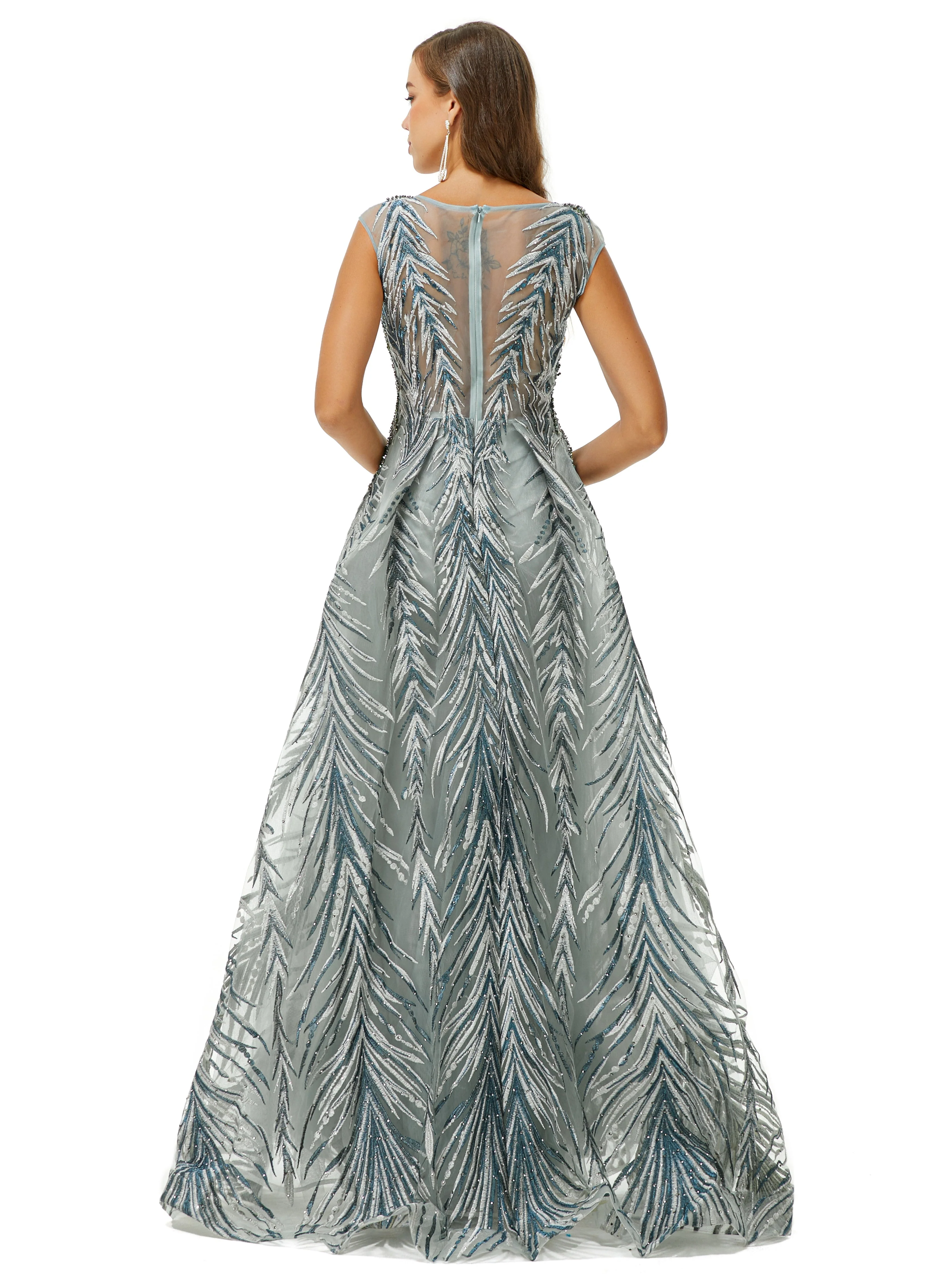 A-line Cap Sleeve Jewel Appliques Lace Floor-length Prom Dress - Image 2
