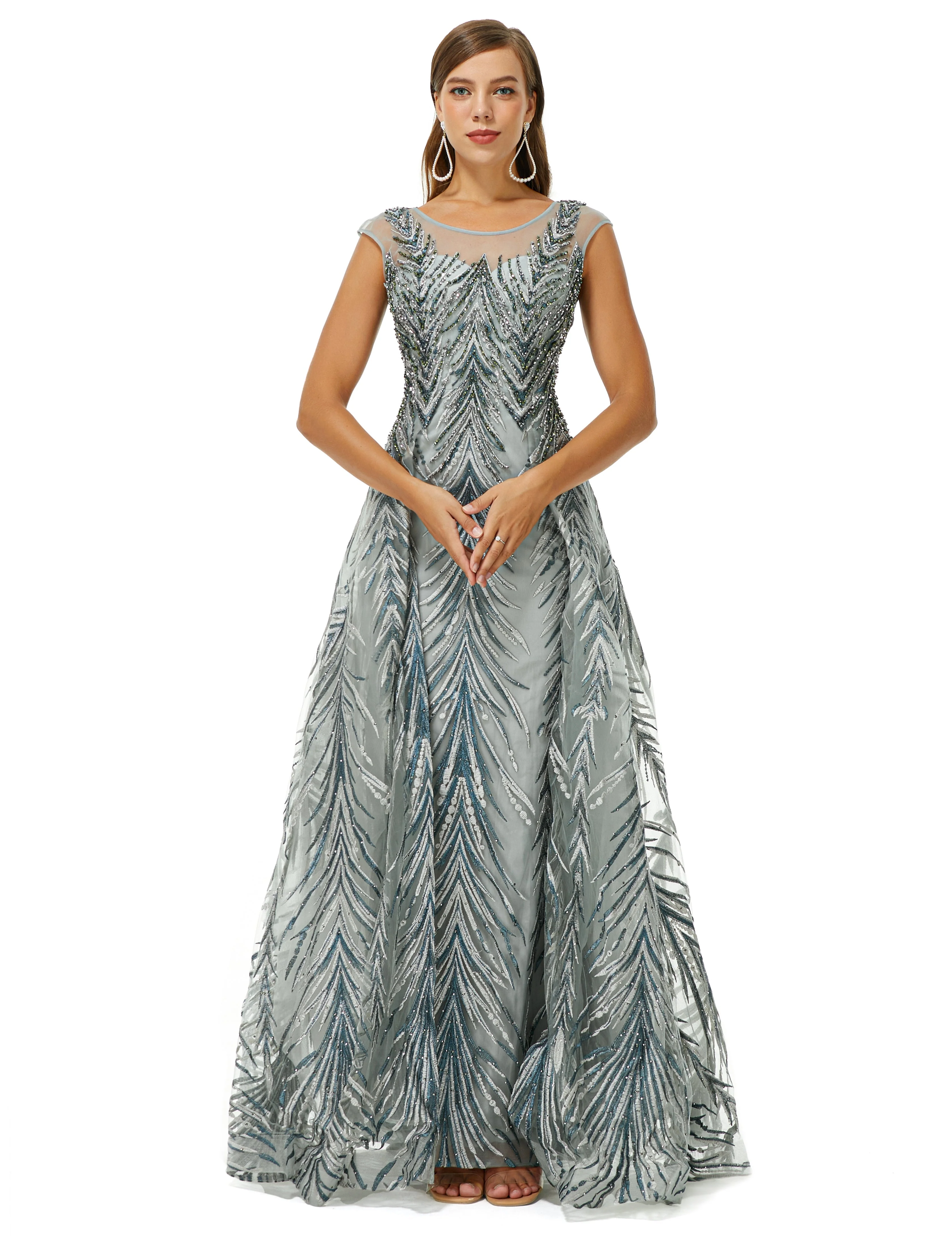 A-line Cap Sleeve Jewel Appliques Lace Floor-length Prom Dress - Image 3