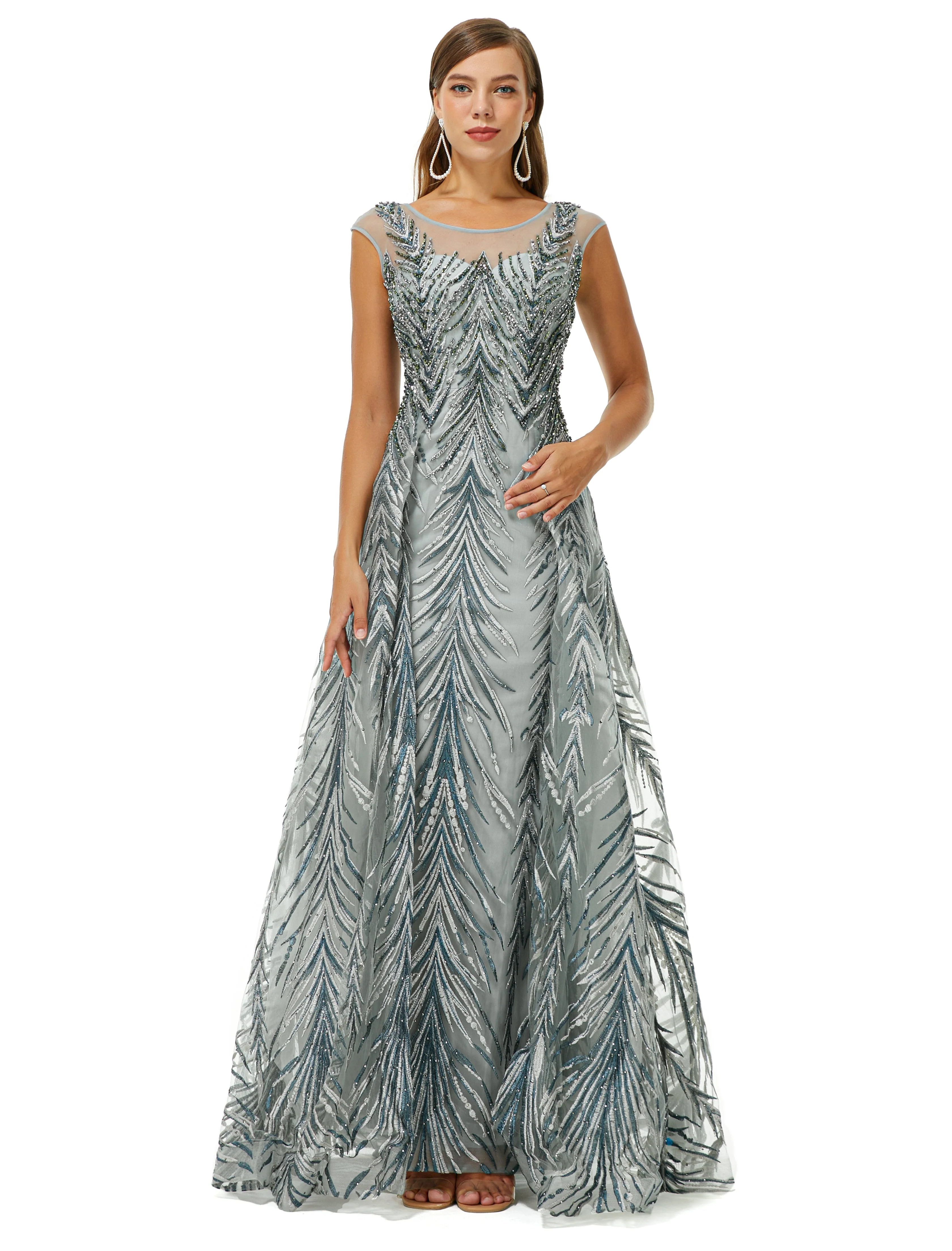 A-line Cap Sleeve Jewel Appliques Lace Floor-length Prom Dress - Image 4