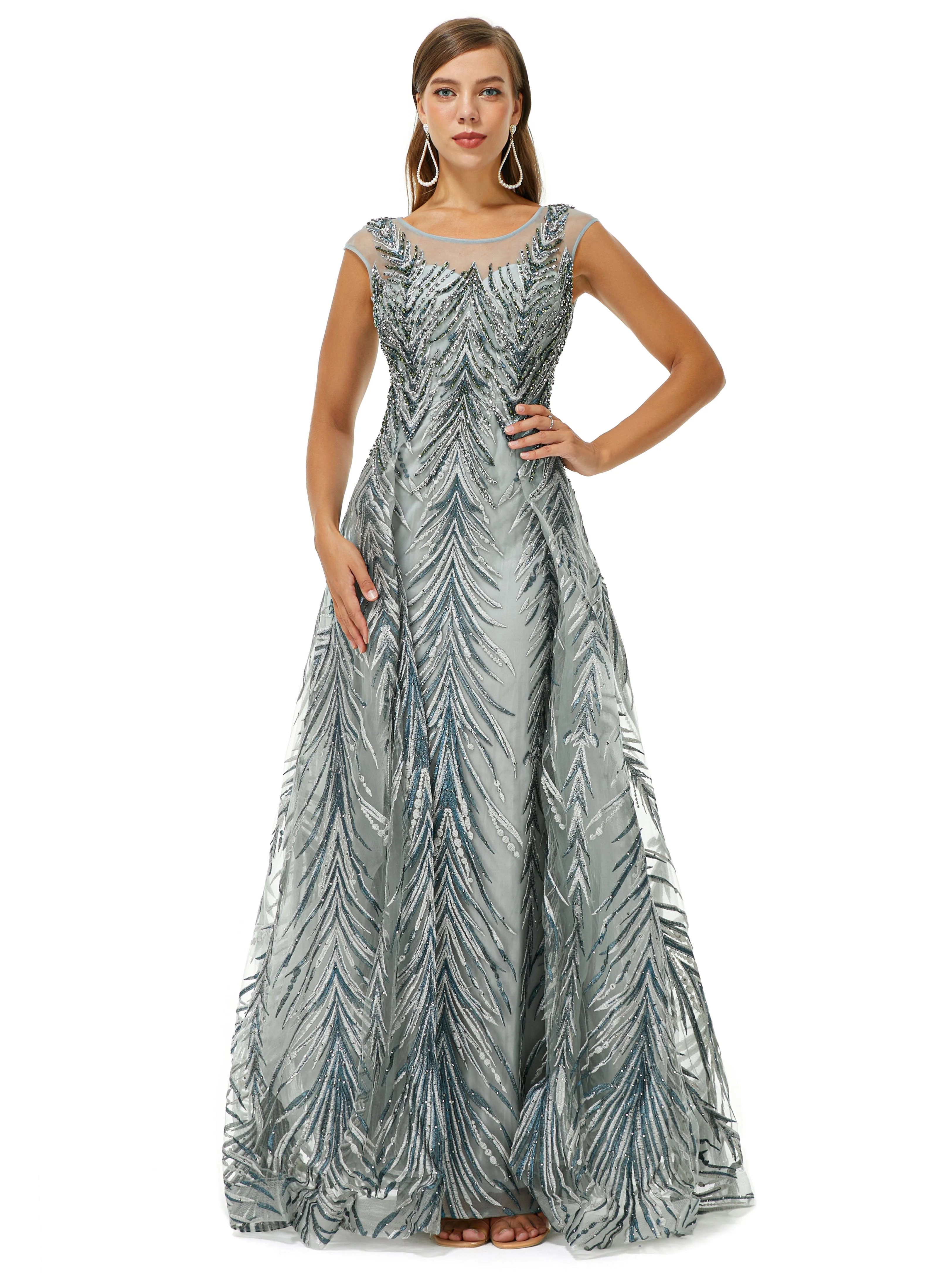 A-line Cap Sleeve Jewel Appliques Lace Floor-length Prom Dress - Image 5