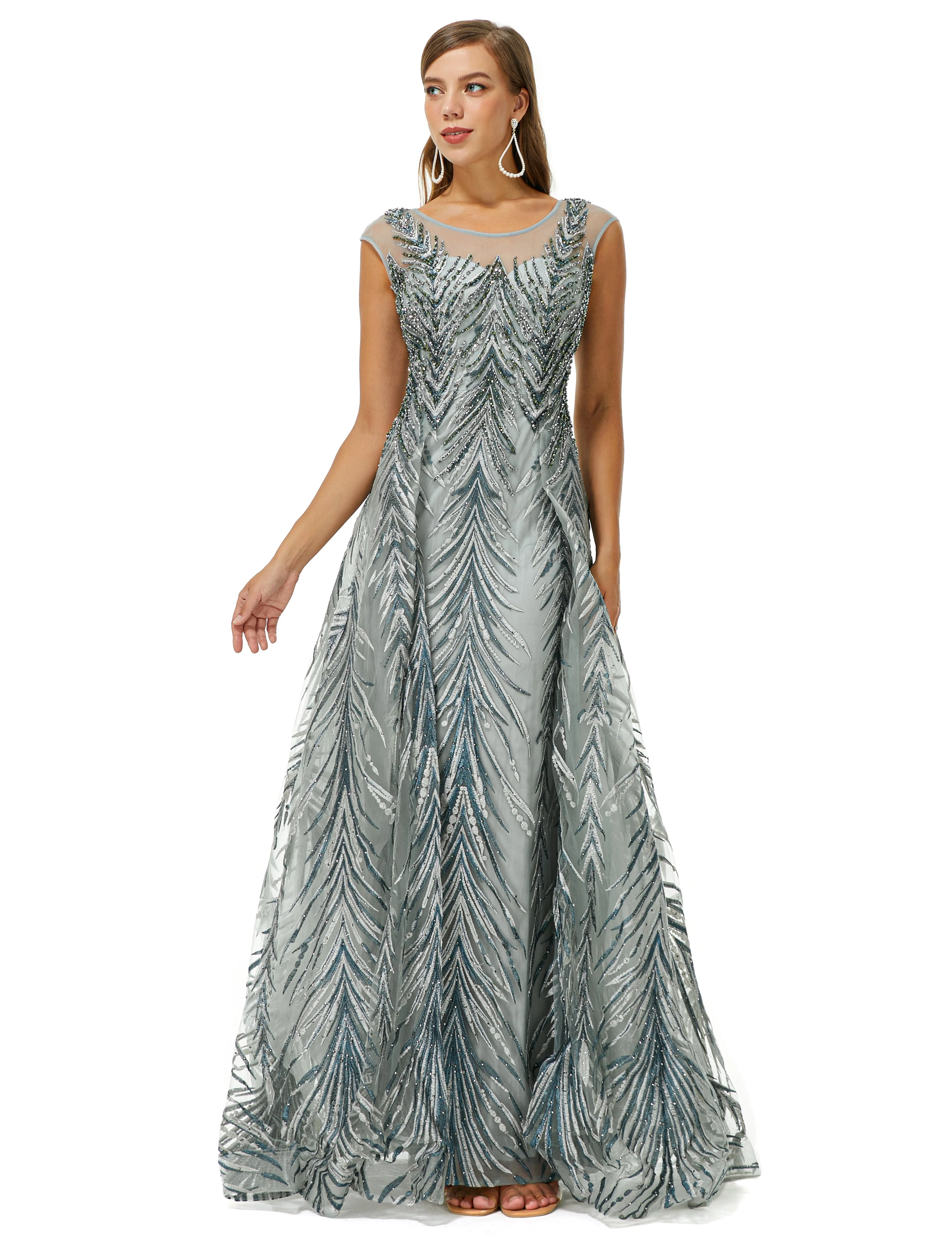 A-line Cap Sleeve Jewel Appliques Lace Floor-length Prom Dress - Image 6