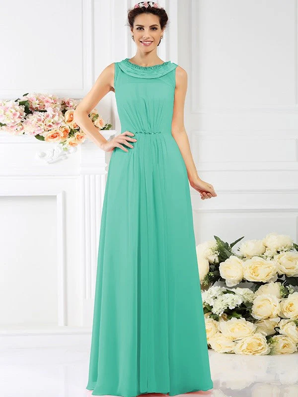 Modern Bateau Beading Sleeveless Long Chiffon Bridesmaid Dresses - Image 14