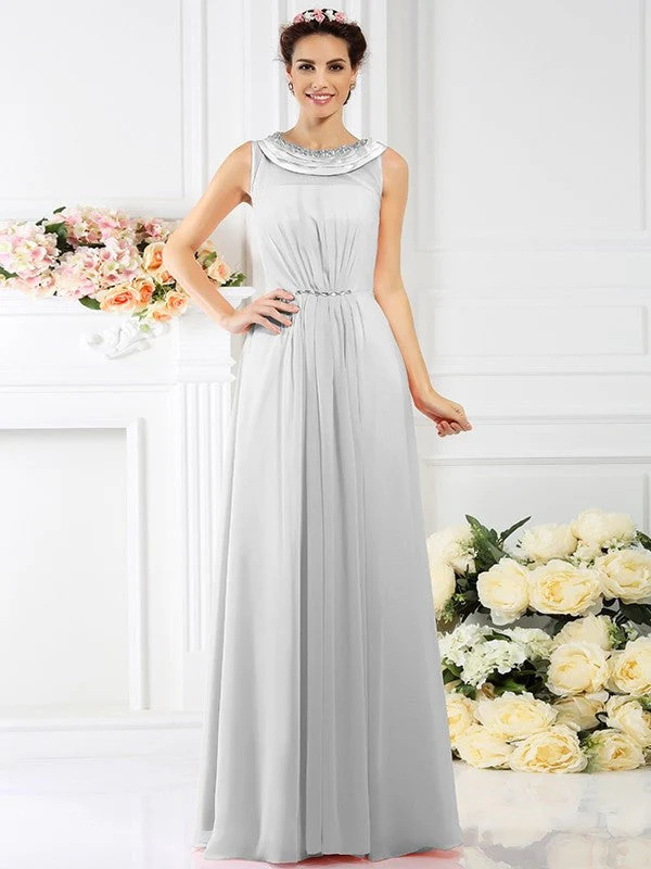 Modern Bateau Beading Sleeveless Long Chiffon Bridesmaid Dresses - Image 16