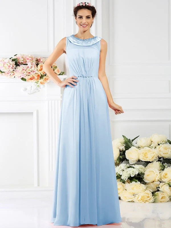 Modern Bateau Beading Sleeveless Long Chiffon Bridesmaid Dresses - Image 17