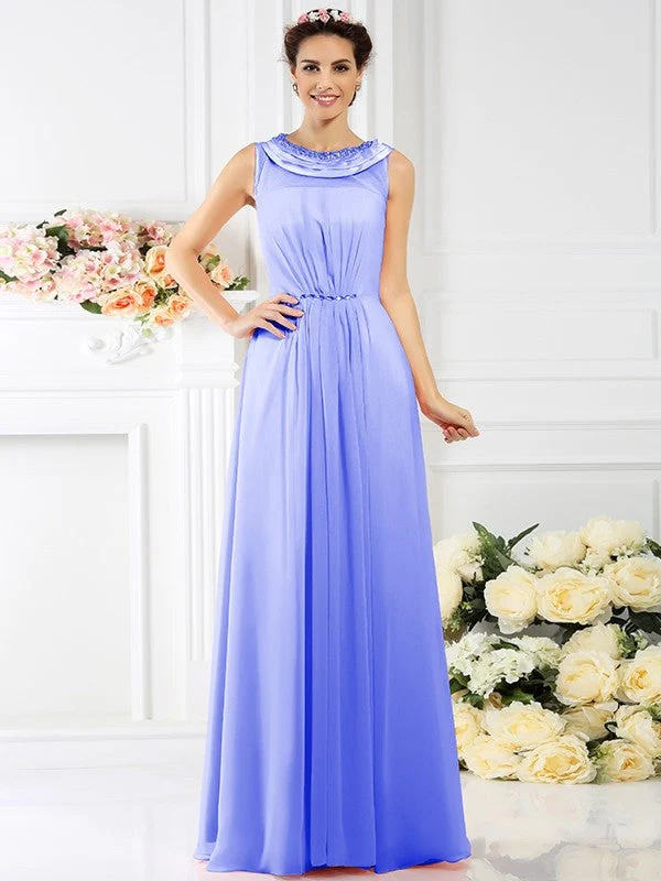 Modern Bateau Beading Sleeveless Long Chiffon Bridesmaid Dresses - Image 18
