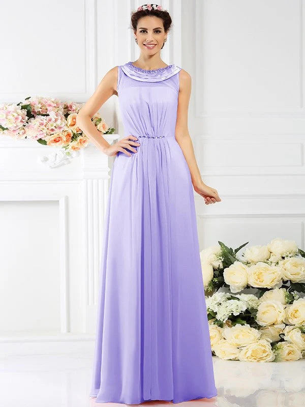 Modern Bateau Beading Sleeveless Long Chiffon Bridesmaid Dresses - Image 19