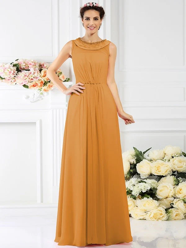 Modern Bateau Beading Sleeveless Long Chiffon Bridesmaid Dresses - Image 20