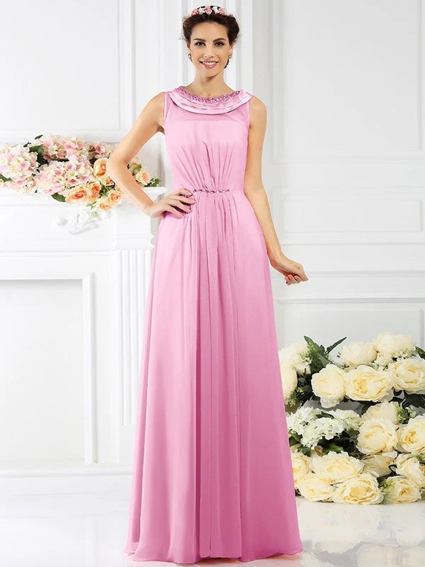 Modern Bateau Beading Sleeveless Long Chiffon Bridesmaid Dresses - Image 22