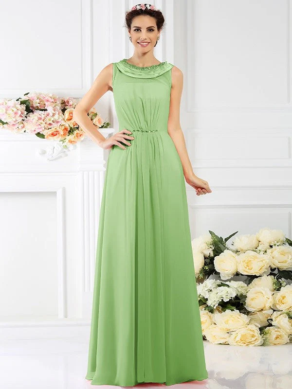 Modern Bateau Beading Sleeveless Long Chiffon Bridesmaid Dresses - Image 25
