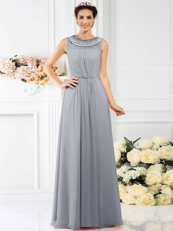 Modern Bateau Beading Sleeveless Long Chiffon Bridesmaid Dresses - Image 27