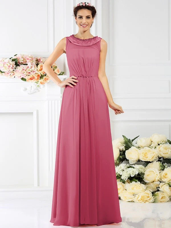 Modern Bateau Beading Sleeveless Long Chiffon Bridesmaid Dresses - Image 28