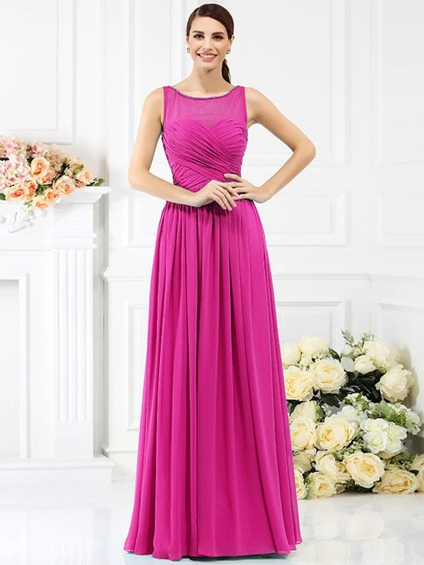 Modern Bateau Pleats Sleeveless Long Chiffon Bridesmaid Dresses - Image 11