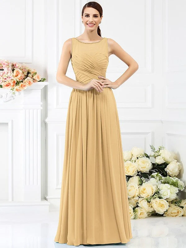 Modern Bateau Pleats Sleeveless Long Chiffon Bridesmaid Dresses - Image 12