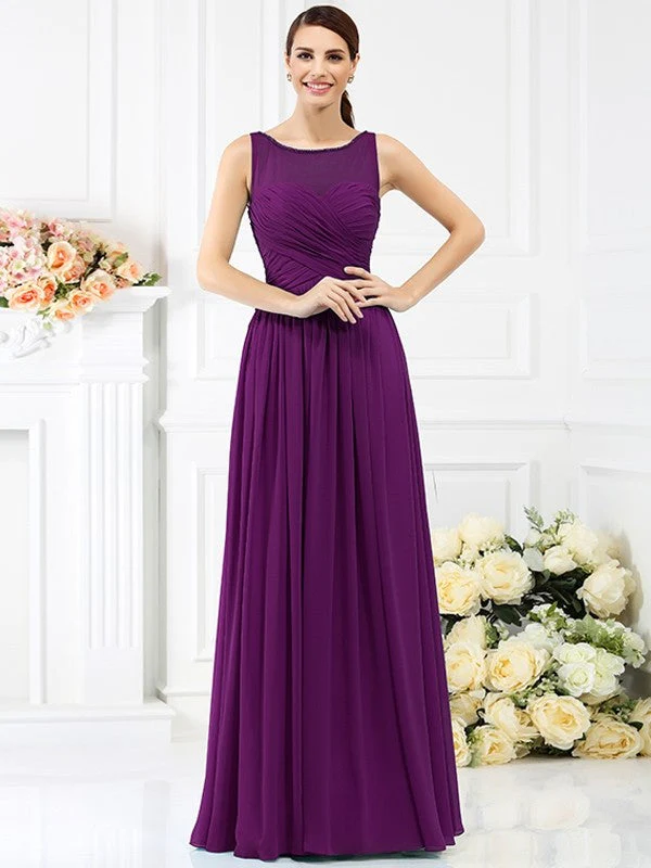 Modern Bateau Pleats Sleeveless Long Chiffon Bridesmaid Dresses - Image 13