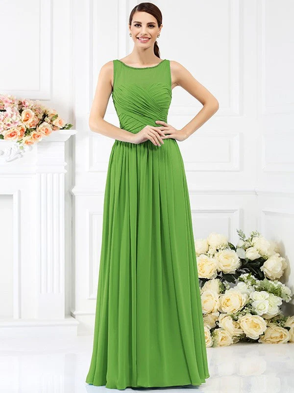 Modern Bateau Pleats Sleeveless Long Chiffon Bridesmaid Dresses - Image 14