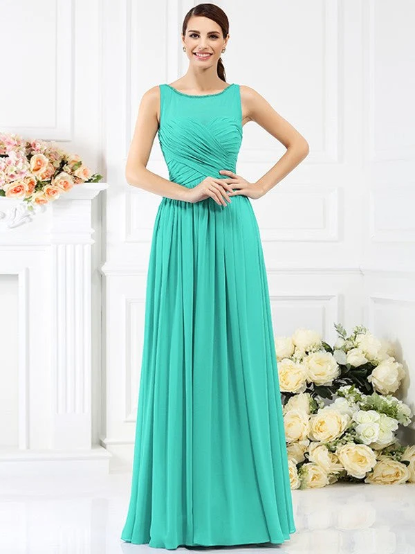 Modern Bateau Pleats Sleeveless Long Chiffon Bridesmaid Dresses - Image 15