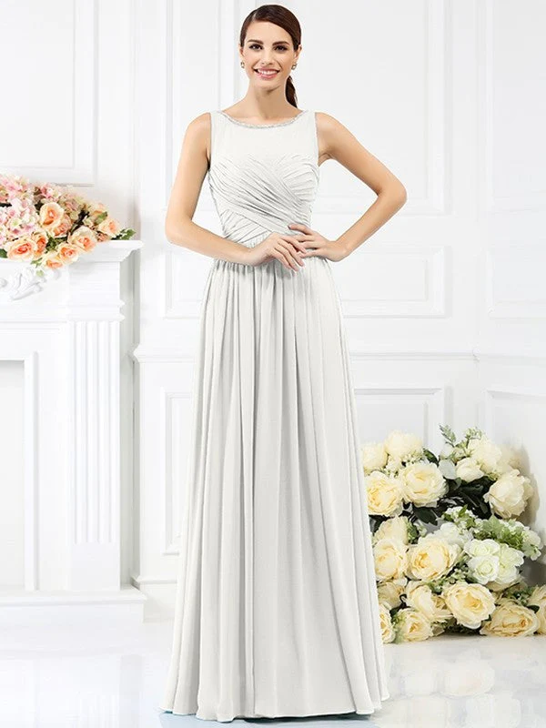 Modern Bateau Pleats Sleeveless Long Chiffon Bridesmaid Dresses - Image 16