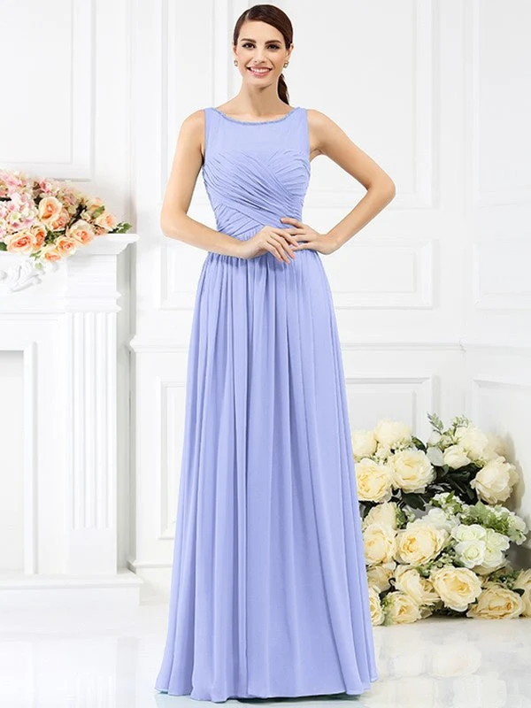 Modern Bateau Pleats Sleeveless Long Chiffon Bridesmaid Dresses - Image 17