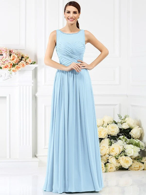 Modern Bateau Pleats Sleeveless Long Chiffon Bridesmaid Dresses - Image 18