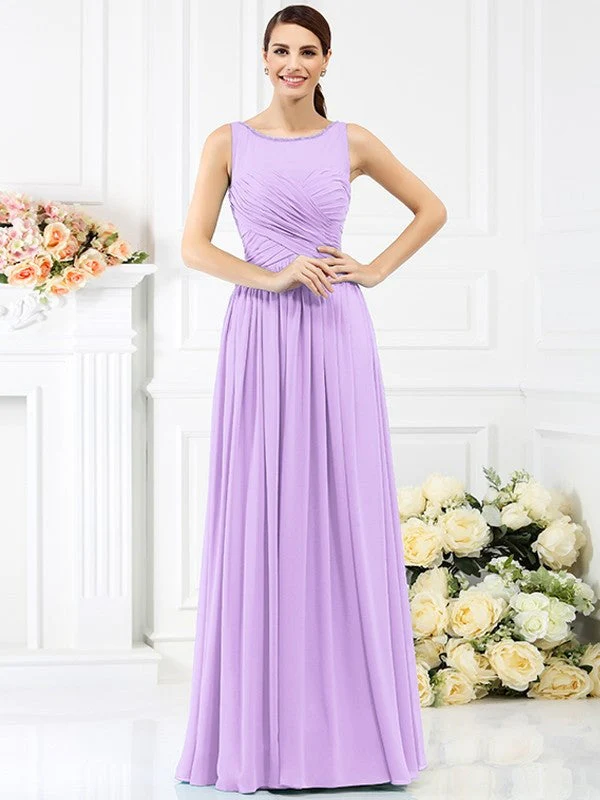 Modern Bateau Pleats Sleeveless Long Chiffon Bridesmaid Dresses - Image 19