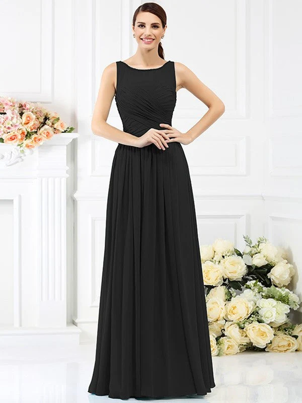 Modern Bateau Pleats Sleeveless Long Chiffon Bridesmaid Dresses - Image 2