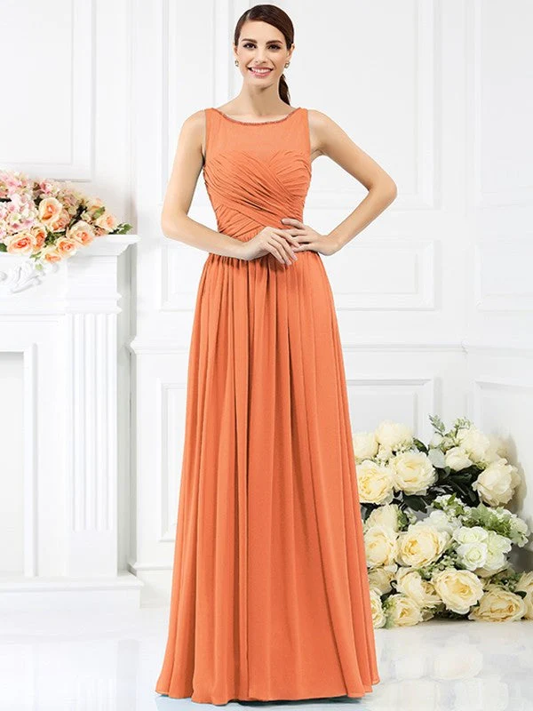 Modern Bateau Pleats Sleeveless Long Chiffon Bridesmaid Dresses - Image 20