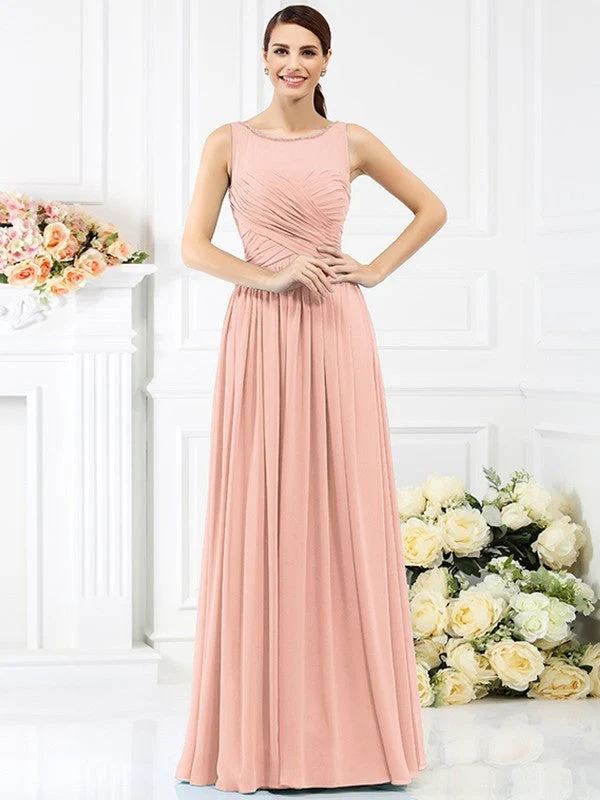Modern Bateau Pleats Sleeveless Long Chiffon Bridesmaid Dresses - Image 21