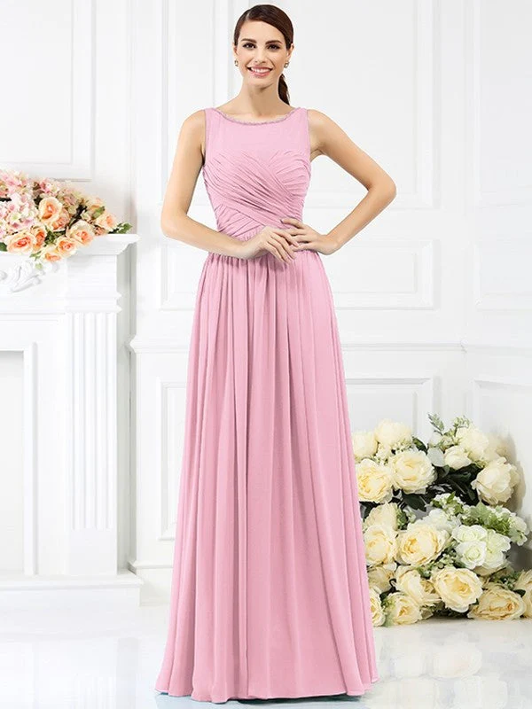 Modern Bateau Pleats Sleeveless Long Chiffon Bridesmaid Dresses - Image 22