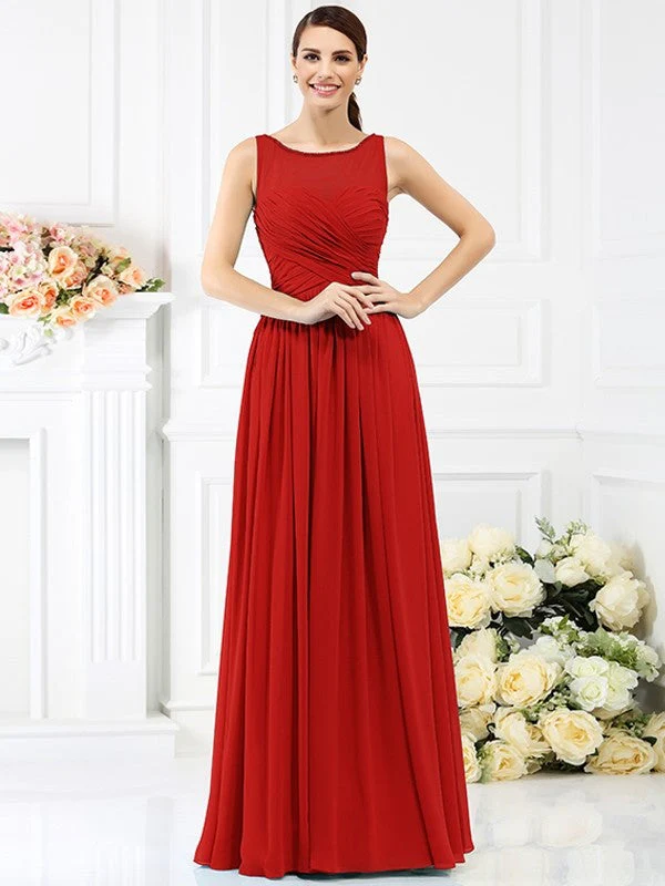 Modern Bateau Pleats Sleeveless Long Chiffon Bridesmaid Dresses - Image 23