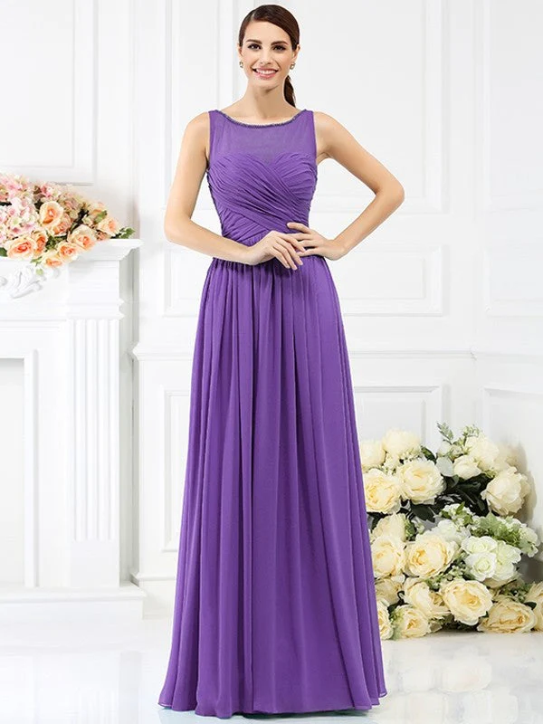 Modern Bateau Pleats Sleeveless Long Chiffon Bridesmaid Dresses - Image 24