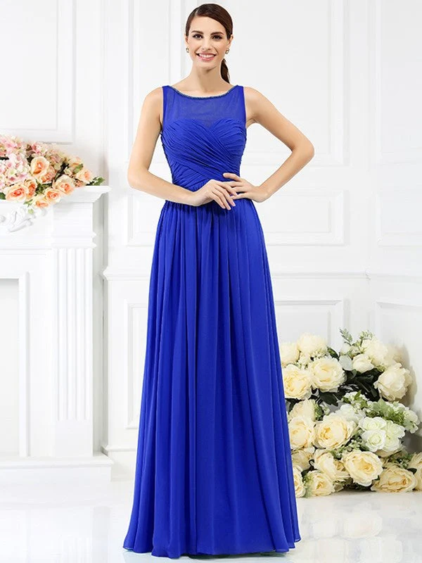 Modern Bateau Pleats Sleeveless Long Chiffon Bridesmaid Dresses - Image 25