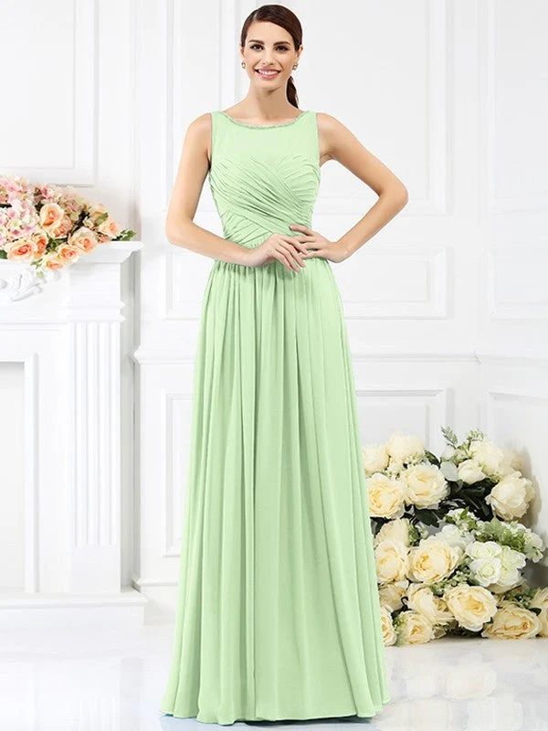 Modern Bateau Pleats Sleeveless Long Chiffon Bridesmaid Dresses - Image 26