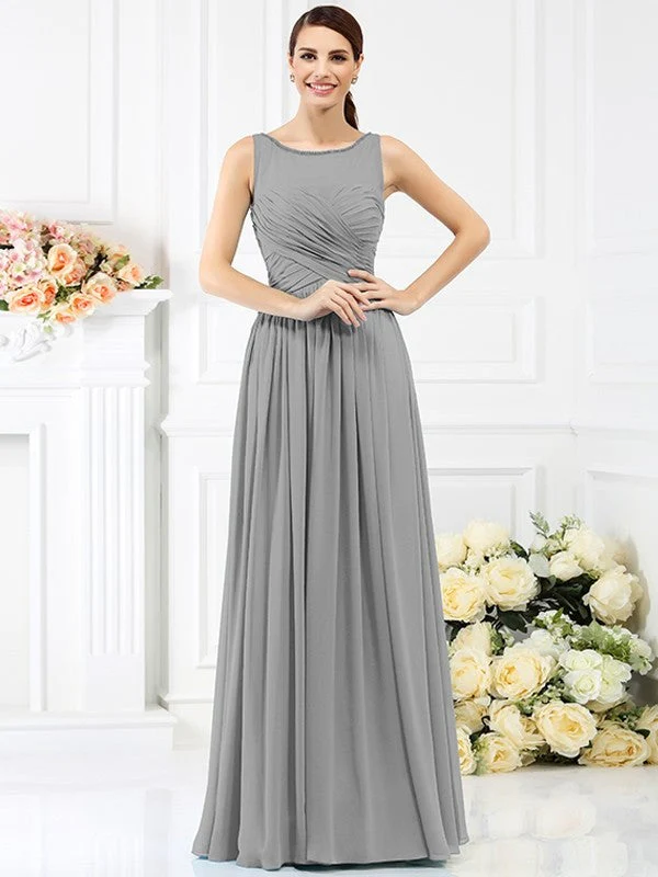 Modern Bateau Pleats Sleeveless Long Chiffon Bridesmaid Dresses - Image 27
