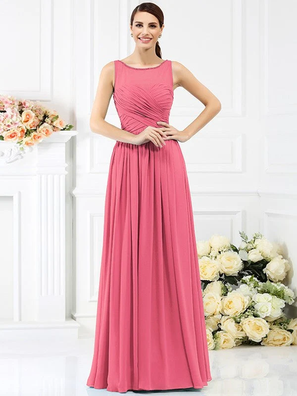 Modern Bateau Pleats Sleeveless Long Chiffon Bridesmaid Dresses - Image 28